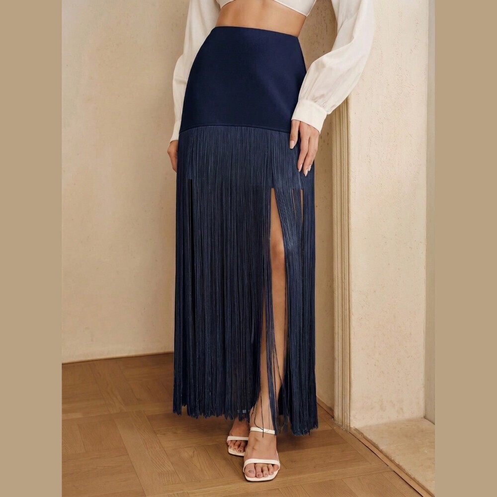 Navy Blue Knit Fringe Maxi Skirt